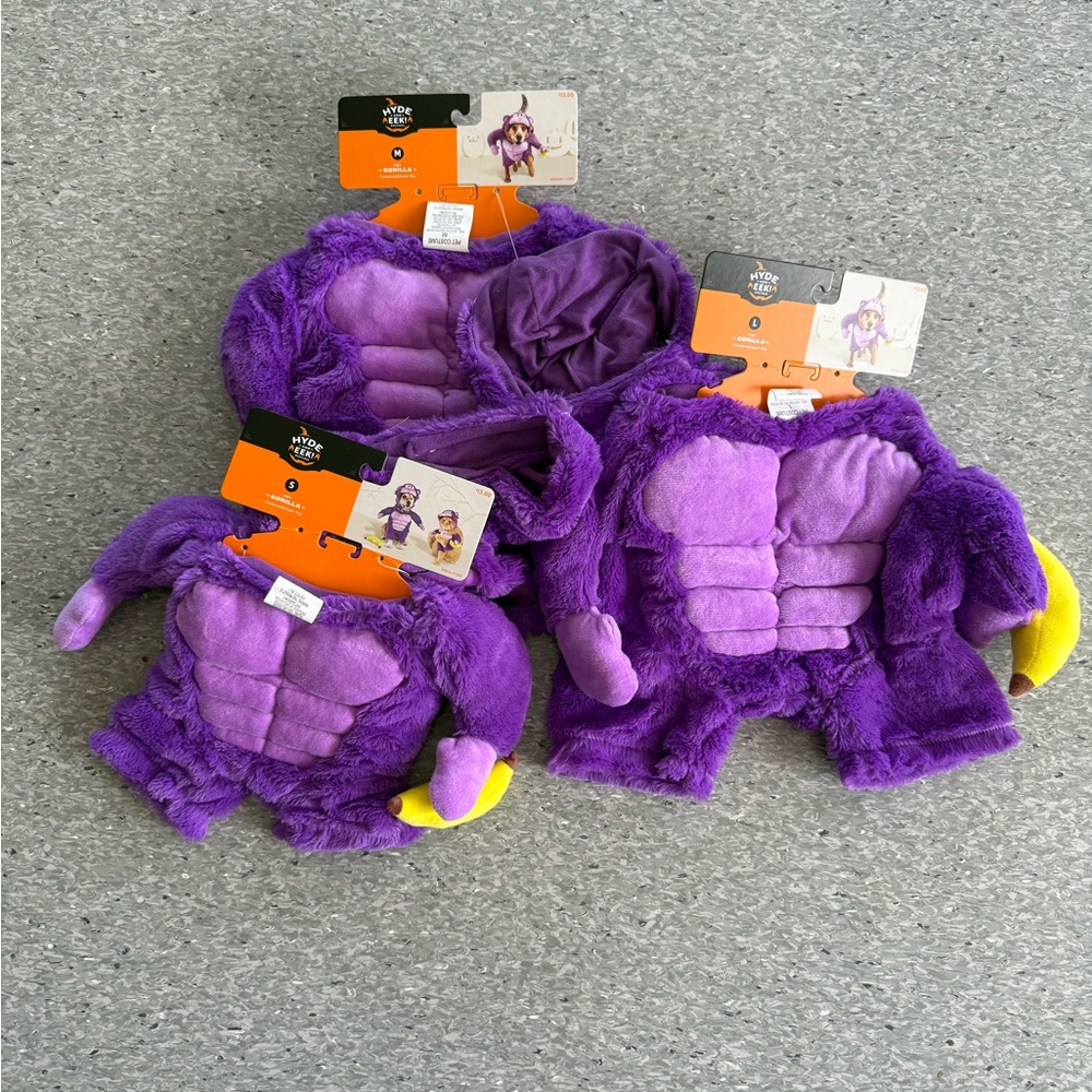 3 pack Purple Plush Gorilla costumes for dogs. Sizes sm, med & Large